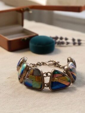 Vintage Artisan Dichroic Glass Bracelet - Sterling Silver Multicolor Links - 925